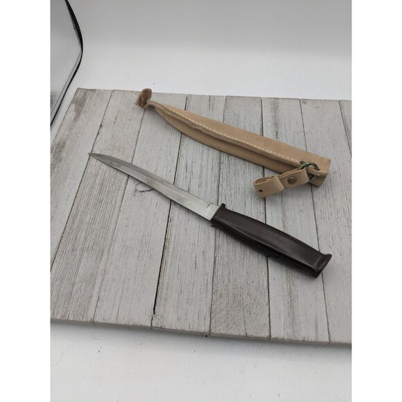 Stainless Utility Knife 7" Blade Brown Handle 11 1/2" Long Leather Sheath - Picture 4 of 8